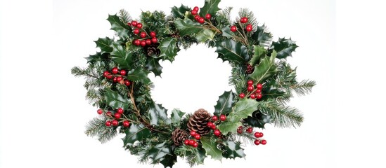 Festive Christmas wreath featuring holly, mistletoe, cedar, and red berries against a clean white background for holiday decoration themes