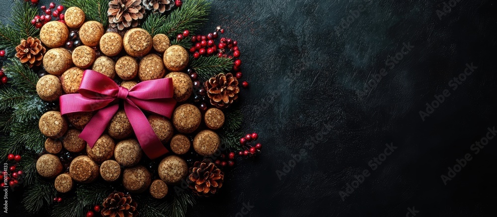 Poster cork christmas tree with pink ribbon on dark backdrop showcasing festive decorations and empty space