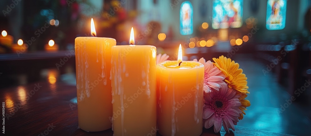 Aufkleber Illuminated candles with soft focus in a church setting adorned with colorful flowers creating a serene and peaceful atmosphere