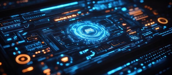 Fototapeta premium Futuristic digital interface with glowing blue and orange lines and a circle in the center with the word 