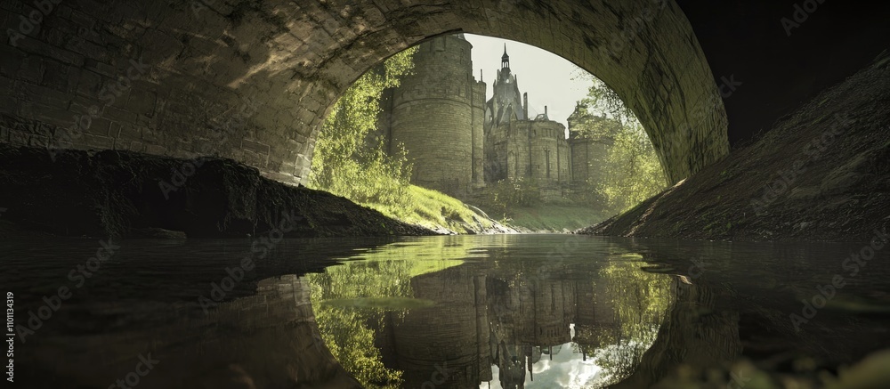 Poster castle reflection seen through an arched bridge with serene river surroundings and lush greenery in 