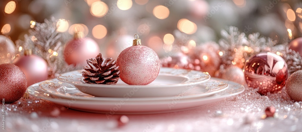 Poster elegant christmas table setting with white plates and golden ornaments against a soft pink backdrop 