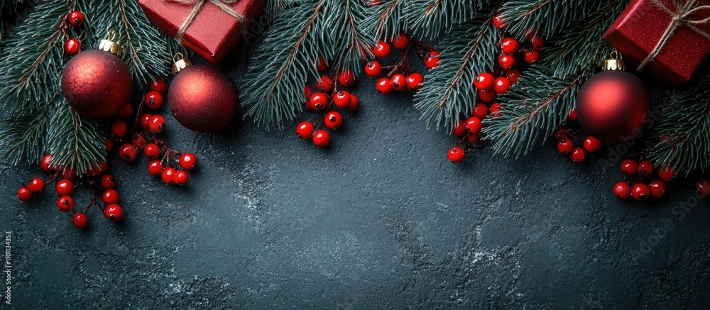 Poster christmas flat lay with fir tree branches red berries and wrapped gifts on gray stone surface creati