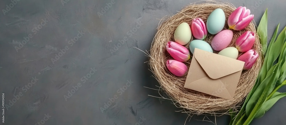 Poster colorful painted eggs in a straw nest with pink tulips and an envelope on a gray background for east