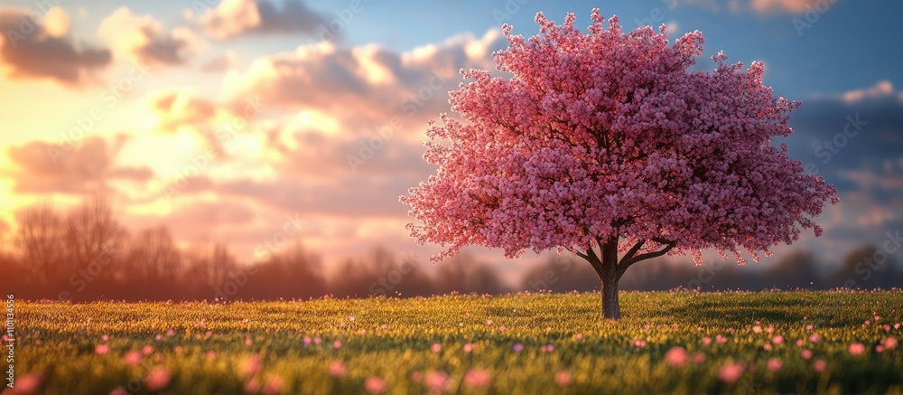 Poster blossoming cherry tree in vibrant spring field under scenic sunset with colorful clouds