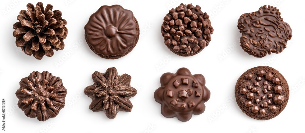 Poster chocolate christmas cookie assortment with festive shapes arranged on a clean white background for h