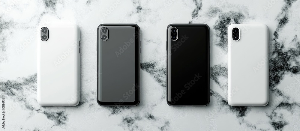 Poster Blank customizable mobile phone case collection on a marble background showcasing personalization and mockup design options for branding.