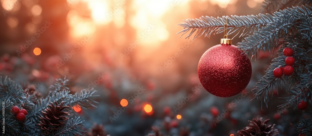 Poster christmas and new year festive backdrop with a glittering red ornament on a branch surrounded by pin