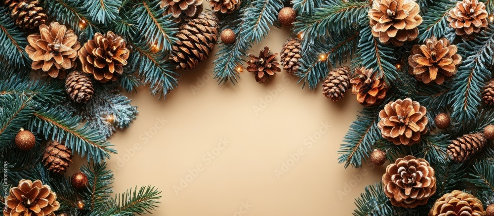 Aufkleber Christmas and New Year decorative arrangement with pine cones and fir branches on beige backdrop overhead view with ample copy space