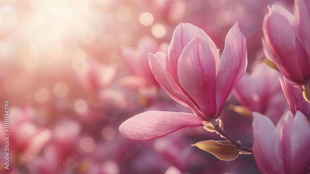 Poster Delicate magnolia blossoms illuminated by soft sunlight creating a serene and tranquil atmosphere in springtime garden.