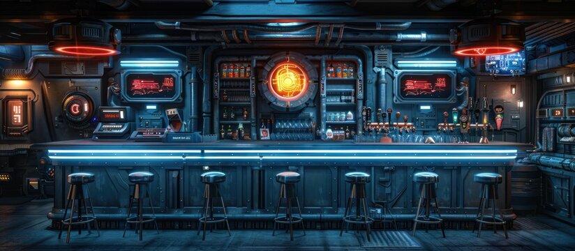 Futuristic cyberpunk themed bar interior with neon lights glowing displays high tech controls and a retro futuristic industrial design  Sci fi setting with a mysterious and immersive atmosphere
