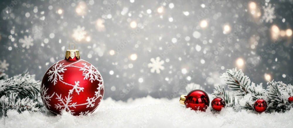 Poster Red Christmas ornaments and snowflakes on snowy background with soft bokeh lights creating a festive holiday atmosphere.