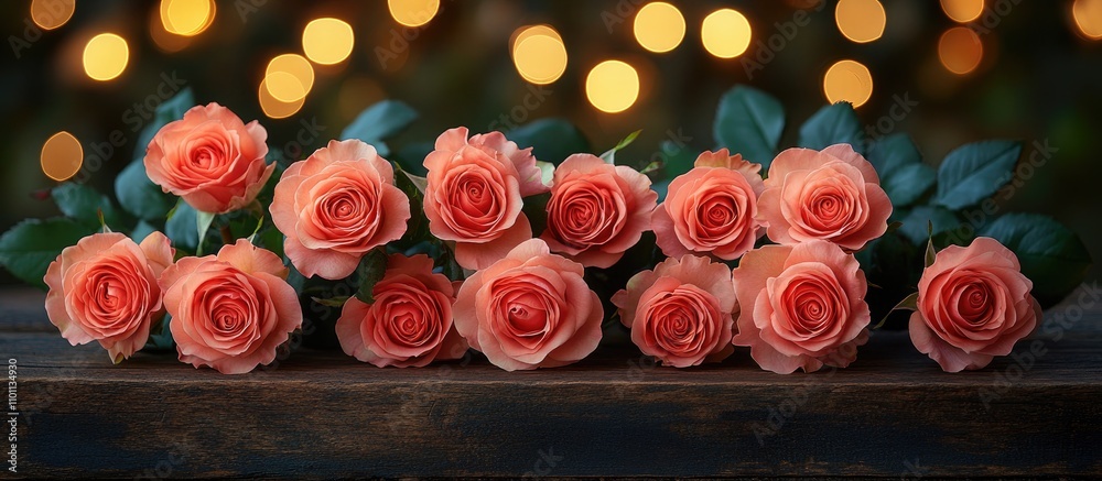 Poster Elegant bouquet of coral roses arranged on a rustic wooden board with soft bokeh lights in the background for a romantic ambiance