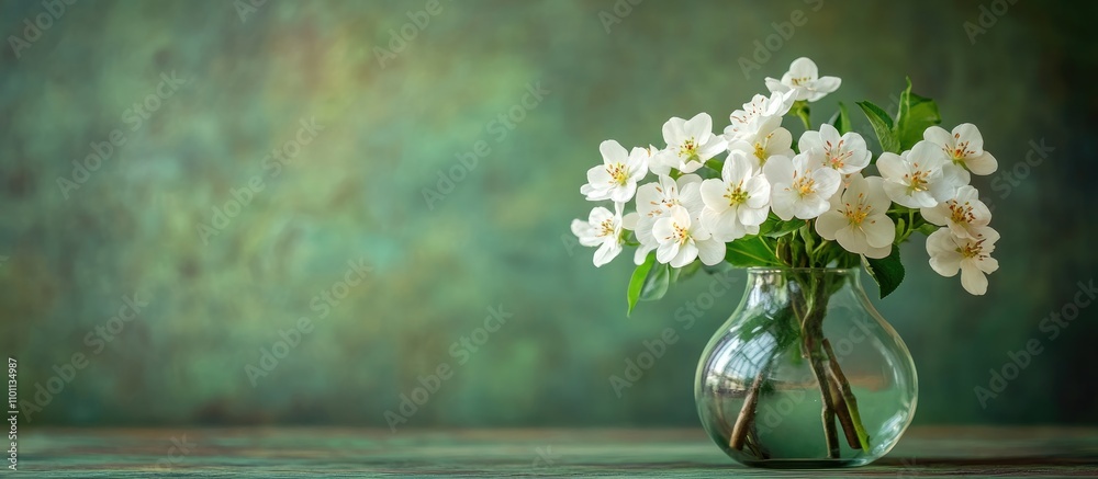 Poster white spring flower bouquet in a glass vase on green background with ample copy space for text or de