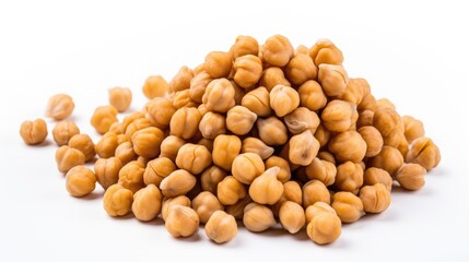 Chickpeas piled on a clean white background highlighting their natural color and texture suitable for food and health related projects.
