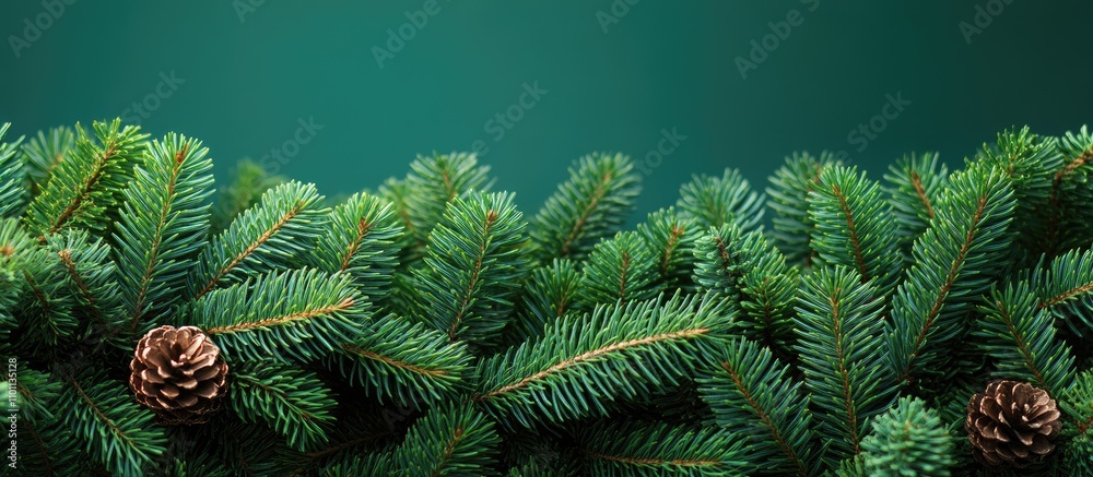 Poster Christmas tree branch border design with pine cones on a green background creating a natural frame for festive text or seasonal messages
