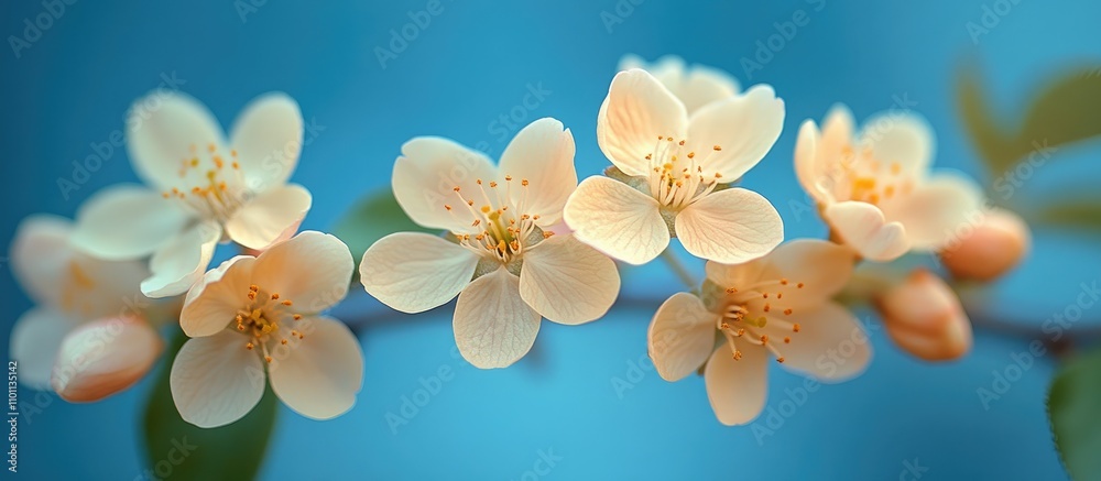 Poster cherry blossoms with soft petals against a bright blue background providing ample space for text or 