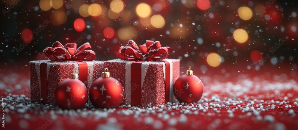 Poster festive christmas gift boxes with ornaments on a vibrant red background adorned with sparkling snow 