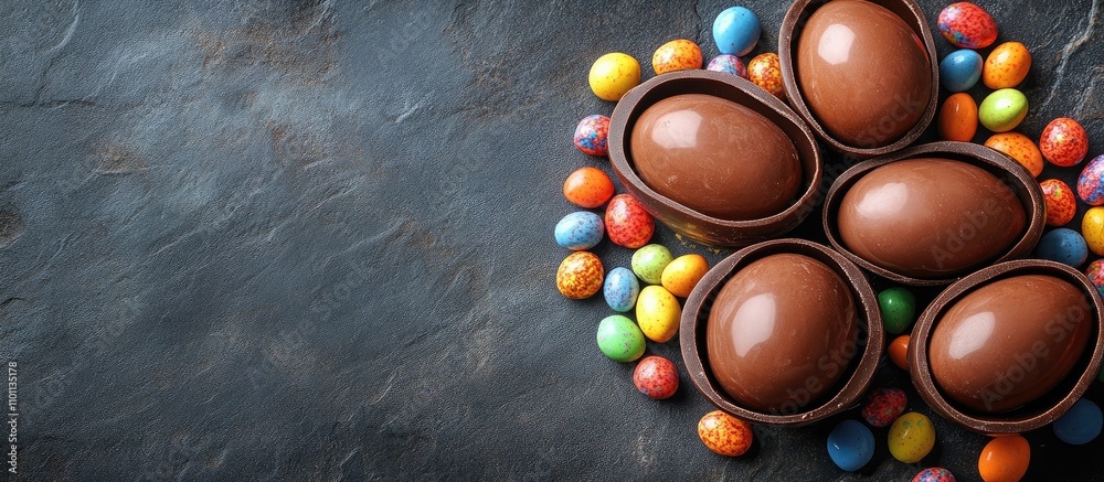Aufkleber Chocolate Easter eggs surrounded by colorful candies on a textured stone background with space for custom greetings or text.