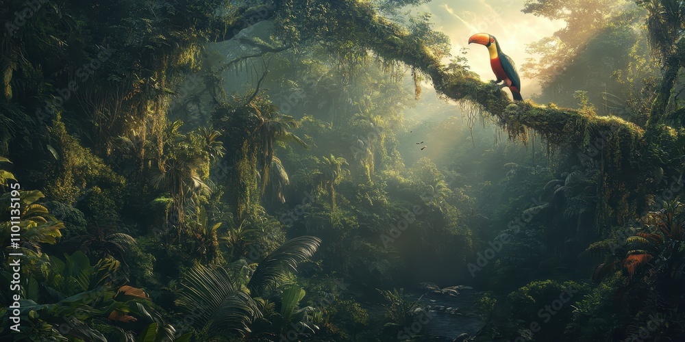 Poster A vibrant rainforest scene with lush foliage, streams of light filtering through trees, and a figure exploring the greenery.