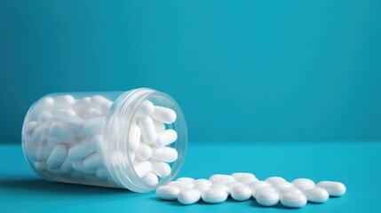 White vitamin pills spilling from a clear bottle on a vibrant blue backdrop with soft focus and space for additional text or branding.