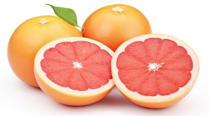 Vibrant ripe grapefruit halves with fresh green leaves isolated on white showcasing juicy citrus fruit's natural beauty and color.