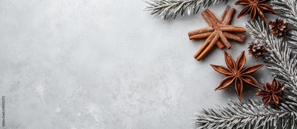 Poster Cinnamon Christmas tree arrangement with spices on grey backdrop creating a festive flat lay background with space for holiday text