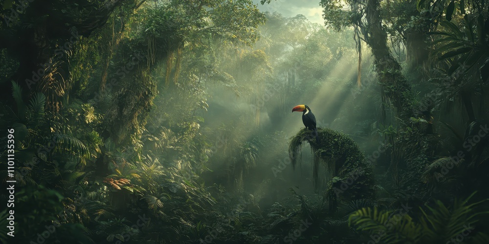 Poster a lush jungle scene with sunlight filtering through dense foliage, featuring a vibrant bird perched 