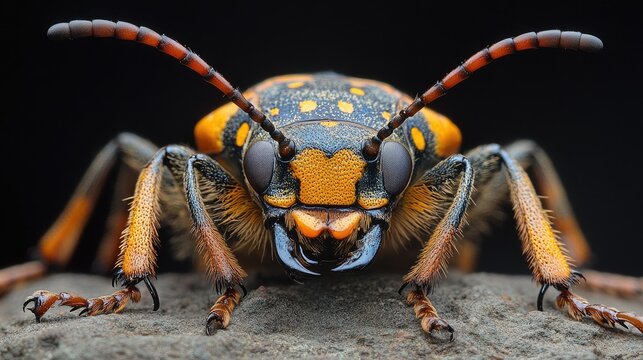Close-up of a vibrant Capricorn beetle Batocera rufomaculata showcasing its intricate patterns and long antennae against a dark background