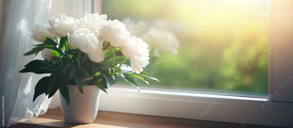 Poster elegant white peony flowers in a bright indoor setting with soft sunlight illuminating the windowsil