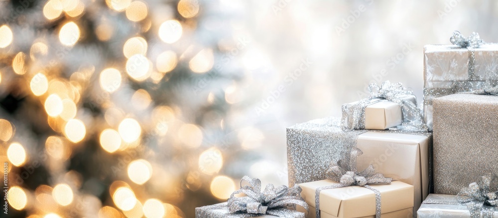 Poster Christmas tree with blurred lights and silver wrapped presents in a cozy home setting creating a warm atmosphere of surprise and joy.