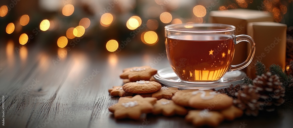 Poster christmas cookies and a warm cup of tea beautifully arranged with festive bokeh lights creating a co