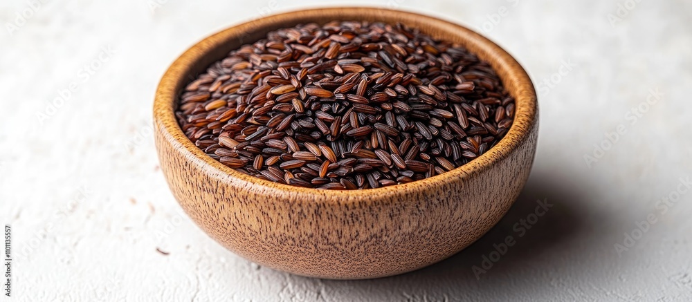 Aufkleber bowl of uncooked black rice in a wooden bowl on a white surface viewed from above showcasing its tex