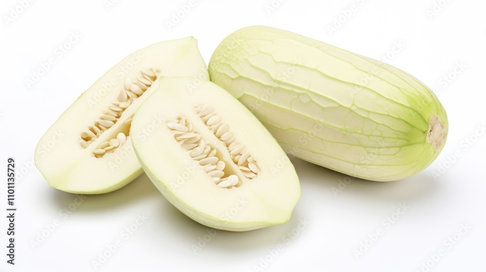 Aufkleber bitter white melon freshly sliced on a clean white background showcasing its unique texture and seed
