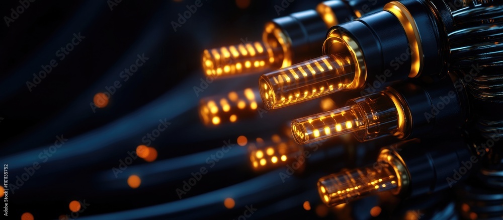 Poster close up of illuminated audio and video cable connectors showcasing technology and connectivity in m