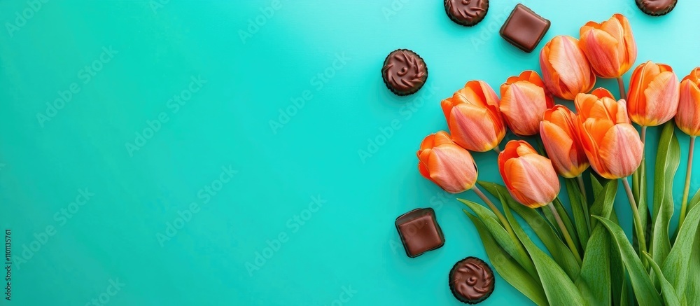 Aufkleber spring celebration with orange tulips and chocolates on vibrant background for women's day greeting 