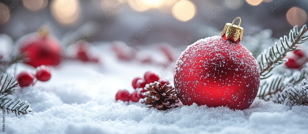 Aufkleber red christmas ornament on snow with pine cones and berries creating a festive holiday scene against 