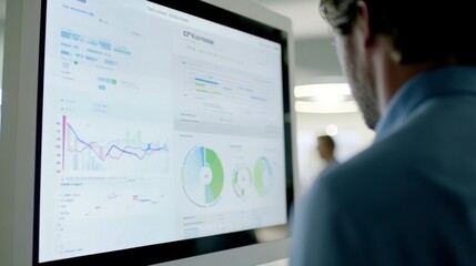 Obraz premium CPI data report on large screen monitor, economic analyst reviewing inflation trends, financial market insights, and policy implications.