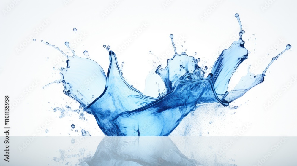 Poster Vibrant blue water splash with dynamic droplets isolated on a clean white background creating a refreshing and energetic visual effect