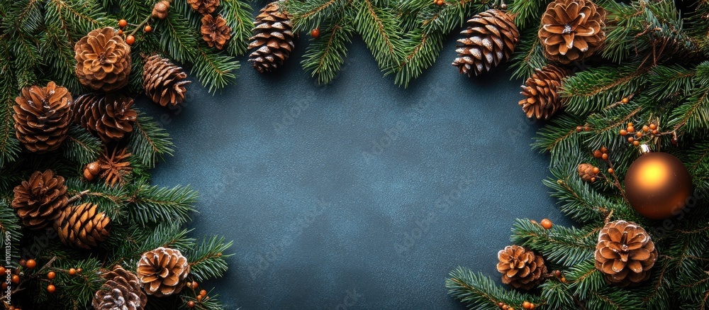 Poster christmas wooden backdrop with evergreen branches pine cones and golden ornament empty space for tex