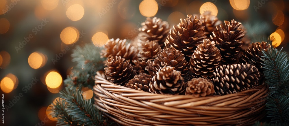 Poster festive wicker basket with pinecones and fir branches set against a beautifully blurred bokeh backgr