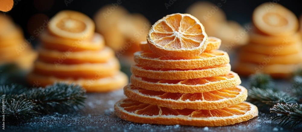 Poster dried orange slices shaped like a christmas tree with pine branches creating a festive holiday atmos