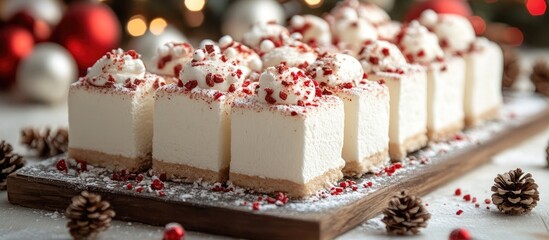Festive Christmas cake with marshmallows and red accents on a wooden platter surrounded by pine cones and holiday decorations