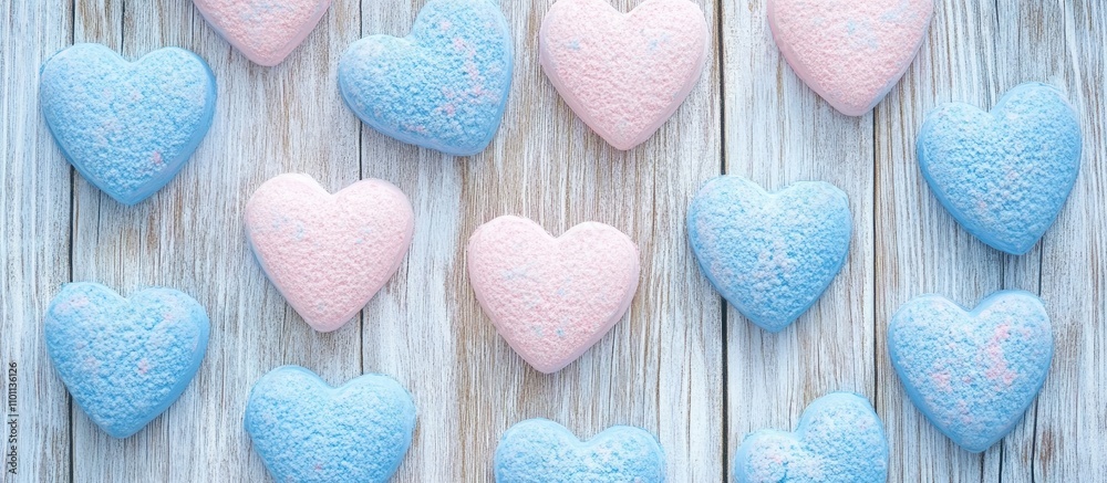 Aufkleber colorful hearts in blue and pink arranged on a rustic wooden surface creating a charming and romanti