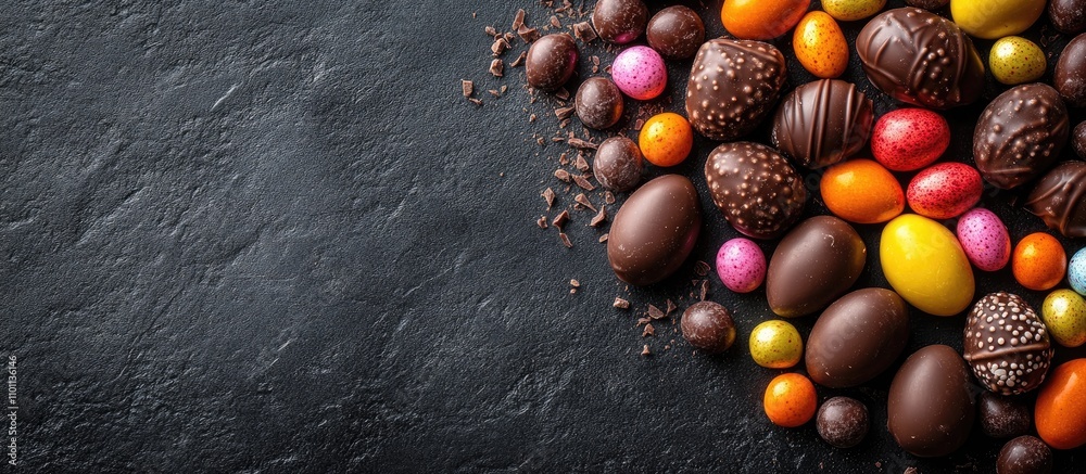 Aufkleber colorful easter chocolate eggs and candy assorted on dark concrete background with ample copy space 