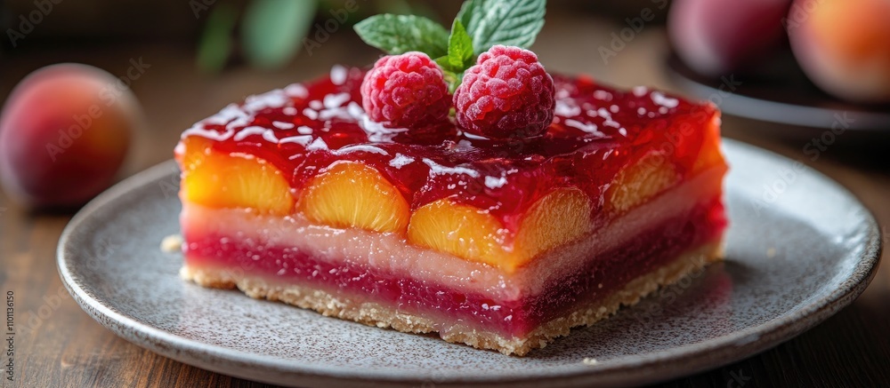 Poster chilled red jelly pie with layers of peach and nectarine garnished with raspberries and mint on a ru
