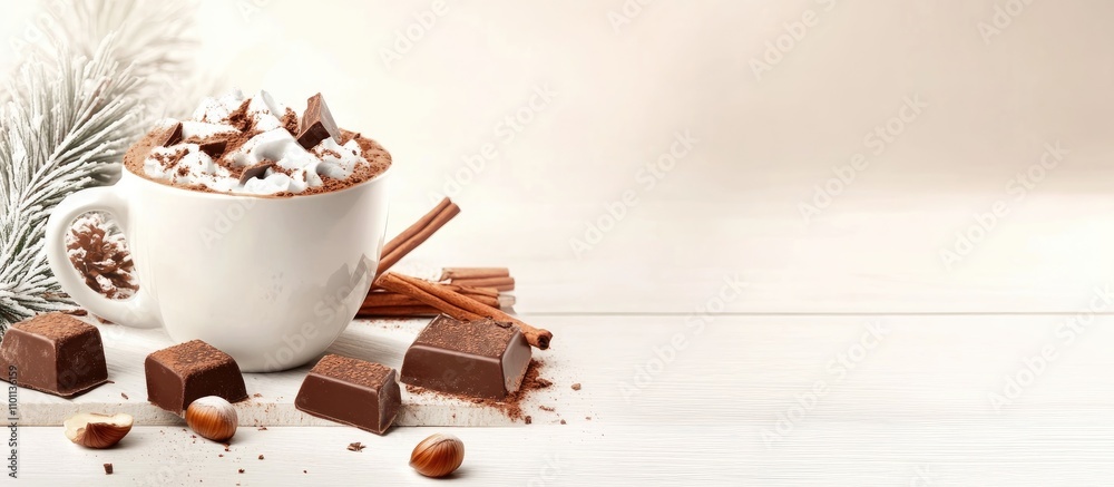 Poster cozy christmas hot cocoa with chocolate cubes hazelnuts and cinnamon sticks surrounded by pine branc