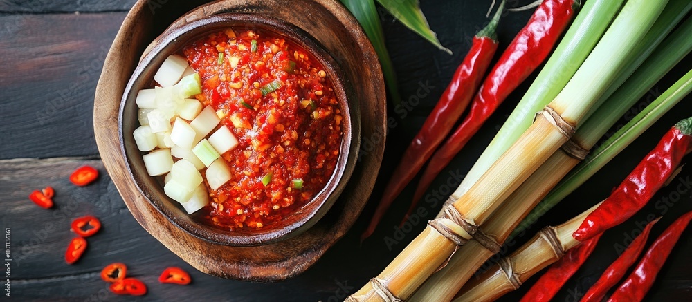 Poster chili paste with chopped ingredients surrounded by fresh bamboo and red chilies on a rustic wooden t