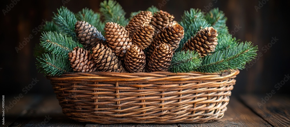Poster wicker basket filled with pine cones and branches against a dark rustic background ideal for holiday