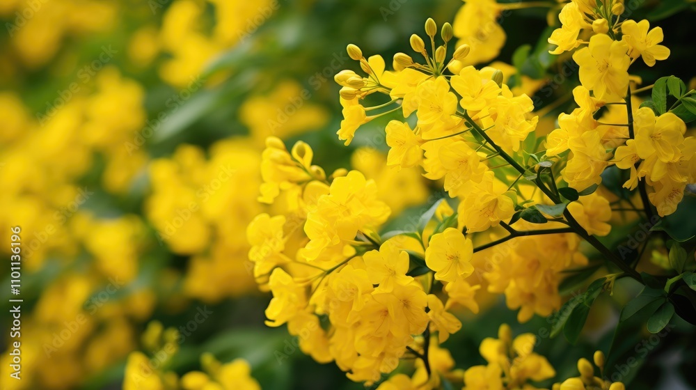 Aufkleber Vibrant yellow flower clusters with soft green foliage creating a blurred background in a natural setting